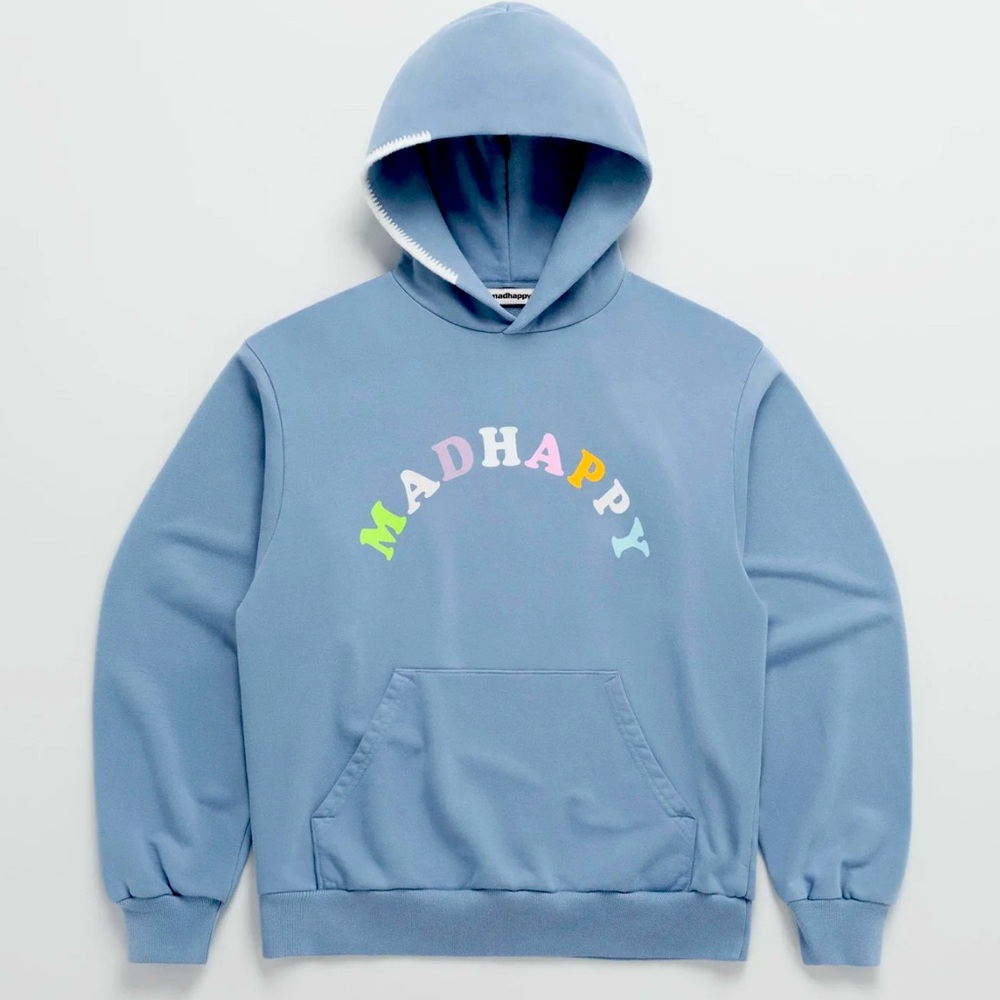 NWT MADHAPPY UNISEX HOODED SWEATSHIRT BLUE LARGE (PTP 29 in)
